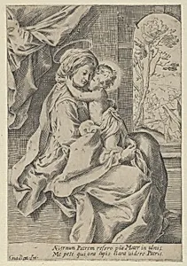 The Virgin seated with the Christ Child on her lap embracing her, St Joseph seen through an archway at right, after Reni by Guido Reni|Anonymous, 17th century
