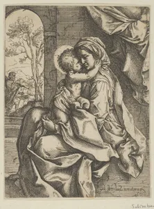 The Virgin seated with the Christ Child on her lap embracing her, Joseph seen through an archway at left, after Reni