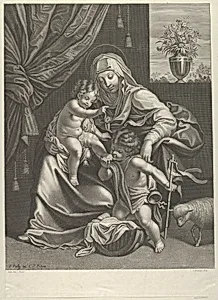 The Virgin seated with the infant Christ on her lap, the young Saint John the Baptist kneeling on Christ's cradle and kissing his foot, a lamb at right, after Reni by Guido Reni|Francois de Poilly|Jean Boulanger