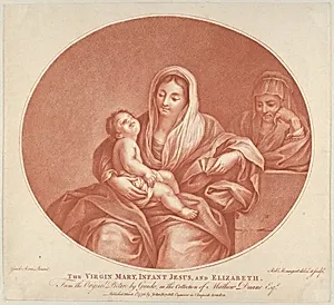 The Virgin seated with the infant Christ sleeping in her lap, Saint Elizabeth at right, an oval composition, after Reni by Guido Reni|John Boydell|Robert Menageot
