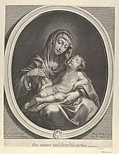The Virgin seated with the infant Christ sleeping in her lap, in an oval frame, after Reni by Guido Reni|Francois de Poilly