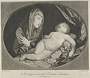 The Virgin with arms crossed over her chest looking at the sleeping infant Christ, in an oval frame, after Reni by Guido Reni|Ephraim Gottlieb Krüger|Carl August Grossmann