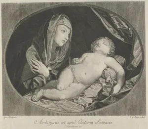 The Virgin with arms crossed over her chest looking at the sleeping infant Christ, in an oval frame, after Reni