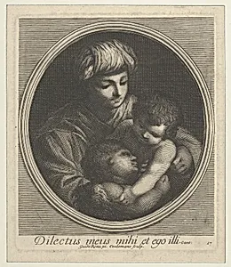 The Virgin with the infant Christ and the young Saint John the Baptist, in a circular frame, after Reni by Jacobus Coelemans|Guido Reni