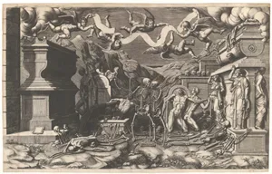 The Vision of Ezekiel; a group of corpses and skeletons emerging out of tombs, above them five winged putti holding a banderole