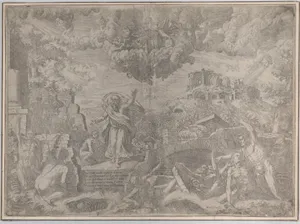 The vision of Ezekiel, with the dead rising and putting on their flesh, God the Father above in the sky