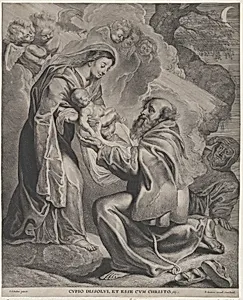 The Vision of Saint Francis, kneeling at right, receiving the Christ child from the Virgin Mary by Cornelis Visscher|Peter Paul Rubens|Pieter Soutman