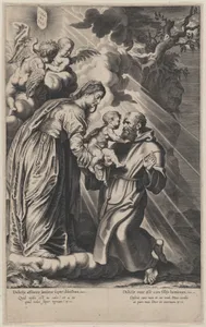 The Vision of Saint Francis, kneeling at right, receiving the Christ child from the Virgin Mary