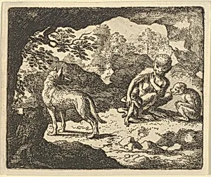 The Wolf in in the She-Monkey's Cave Where the Renard Convinced Him to Enter in Order to Make Fun of Him from Hendrick van Alcmar's Renard The Fox by Allart van Everdingen