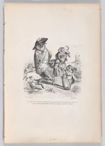"There was once, in the camp there, two little hares with their sister, and then there was also a big bad bird who wanted to stop them from passing" from Scenes from the Private and Public Life of Animals