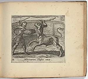 Theseus and the Minotaur (Minotaurum Theseus vincit), from The Metamorphoses of Ovid (Metamorphosean Sive Transformationum), plate 74 by Willem Jansz.|Antonio Tempesta