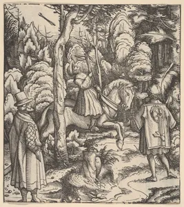 Theuerdarnk Nearly Shoots Himself with a Crossbow, from [Theuerdank] Die geuerlicheiten vnd einsteils der geschichten des loblichen streytparen vnd hochberümbten helds vnd Ritters herr Tewrdannckhs