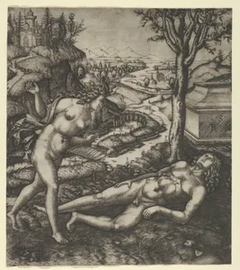 Thisbe finding Pyramus laying on the ground with a knife in his chest