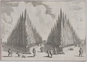 Three alleés separated by two groups of trees in pointed configurations, from 'Views of Gardens' (Vedute de' Giardini)