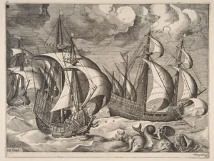 Three Caravels in a Rising Squall with Arion on a Dolphin from "The Sailing Vessels"