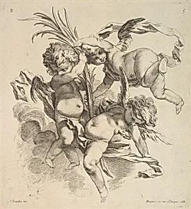 Three Children Among Clouds Near a Palm Leaf