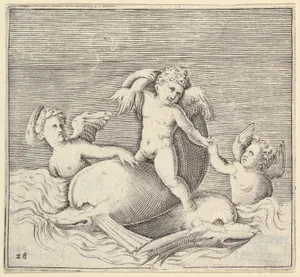 Three Cupids and Two Dolphins, from "Ex Antiquis Cameorum et Gemmae Delineata/ Liber Secundus/et ab Enea Vico Parmen Incis"