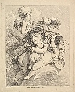 Three Cupids Holding a Helmet