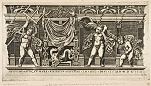 Three cupids in front of a facade with pilasters, one holding a trident and another a large shell by Raphael (Raffaello Sanzio or Santi)|Anonymous, Italian, 16th to early 17th century|Marco Dente