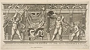 Three cupids in front of a facade with pilasters, one holding a trident and another a large shell by Raphael (Raffaello Sanzio or Santi)|Claudio Duchetti|Anonymous, Italian, 16th to early 17th century|Marco Dente