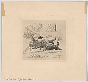 Three dogs playing at center, with a cat and a dog watching in the background by Lorenz Frølich