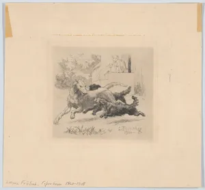 Three dogs playing at center, with a cat and a dog watching in the background