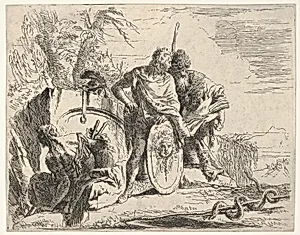 Three figures and a snake coiled around a staff, surrounded by a landscape, the central figure rests his left hand on a shield and leans toward a bearded figure holding a book, from the series 'The Capricci' by Giovanni Battista Tiepolo