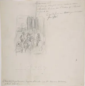 Three figures on horseback with indications at right