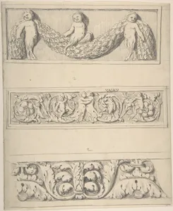 Three Frieze Designs with Young Satyrs, Leaves, Vines, and Putti