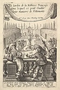 Three Gentlemen Leaning on a Banister Overlooking a Garden where Lovers Stroll, from "The Garden of the French Nobles In Which One Can Pick Up Their Way of Dressing" by Abraham Bosse|Melchior Tavernier