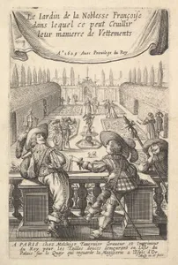 Three Gentlemen Leaning on a Banister Overlooking a Garden where Lovers Stroll, from "The Garden of the French Nobles In Which One Can Pick Up Their Way of Dressing"