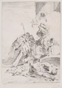 Three Lucchese saints Sts Nicholas Tolentino, Nicholas of Bari and Roch interceding with the Virgin on behalf of the victims of the plague 