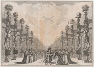 Three men at center, an old man who holding out an open book for a soldier to sign as a smaller man stands to the left holding ink; a large group of men surround them; set design from 'Il Fuoco Eterno'