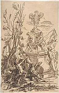 Three Men in a Landscape near Sculptures