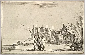 Three men wearing hats standing in center, men fixing a ship to right, five ships and various figures in center background, from 'Set of eight nautical landscapes' (Suite de huit Marines) by Stefano della Bella