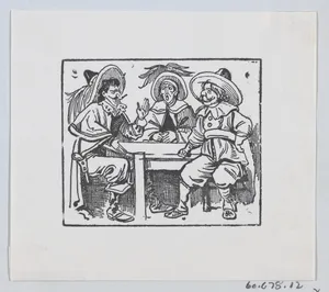 Three men wearing large hats and capes sitting at a table and talking