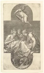 Three Muses and a Putto with a Lyre, a cruciform composition, from a series of eight compositions after Francesco Primaticcio's designs for the ceiling of the Gallery of Ulysses (destroyed 1738–39) at Fontainebleau