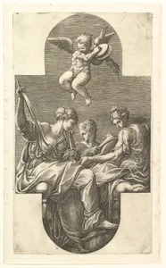 Three Muses and a Putto with Cymbals, a cruciform composition, from a series of eight compositions after Francesco Primaticcio's designs for the ceiling of the Gallery of Ulysses (destroyed 1738-39) at Fontainebleau