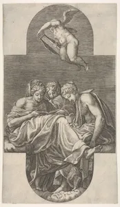 Three Muses seated below a flying putto who grasps a lyre with both hands, a cruciform composition, from a series of eight compositions after Francesco Primaticcio's designs for the ceiling of the Gallery of Ulysses (destroyed 1738-39) at Fontainebleau