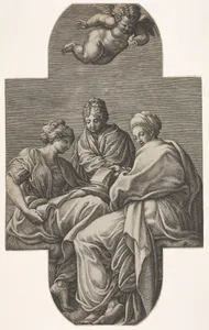 Three Muses seated underneath a flying putto who gestures downward, a cruciform composition, from a series of eight compositions after Francesco Primaticcio's designs for the ceiling of the Ulysses Gallery (destroyed 1738-39) at Fontainebleau