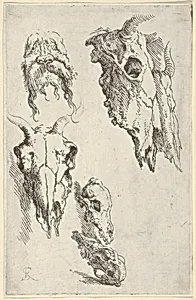 Three ox skulls, two horse skulls, and a grotesque head, study for "Democritus in Meditation" by Salvator Rosa