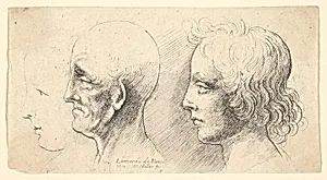Three profile heads, one in outline only by Leonardo da Vinci|Wenceslaus Hollar