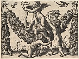 Three putti before a large garland, the one in the middle rides an ostrich, from a series of tapestries made for Leo X by Raphael (Raffaello Sanzio or Santi)|Master of the Die|Giovanni da Udine (Giovanni dei Ricamatori)