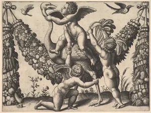 Three putti before a large garland, the one in the middle rides an ostrich, from a series of tapestries made for Leo X