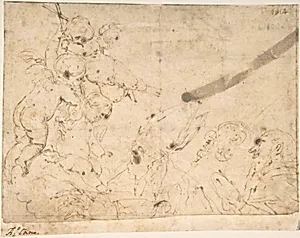 Three Putti Holding Cross Before Two Male Saints