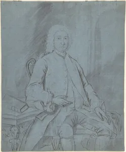 Three-Quarters-Length Portrait Study of a Man Seated at a Desk with a Dog