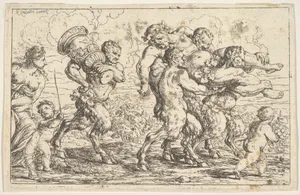 Three satyrs carrying the drunken Silenus, preceded by a putto carrying grapes; behind them a satyr carrying a large vessel, a putto, and a bare-breasted woman