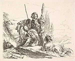 Three soldiers and a youth lying on his abdomen in a landscape, the soldiers bear armor and a flag, from the series 'The Capricci' by Giovanni Battista Tiepolo