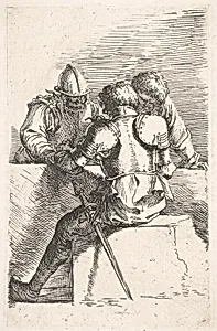 Three warriors conversing at a low wall, one with his back turned, from the series 'Figurine' by Salvator Rosa