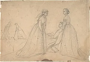 Three Women in Conversation beside a Croquet Field (recto); Studies of a Ballet Dancer, a Woman's Profile, and a Seated Woman (verso) by Louisa Starr Canziani